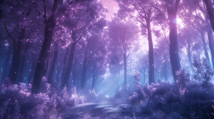 Enchanted forest bathed in purple and pink hues with ethereal light filtering through the mist, illuminating a mystical pathway among the dense trees.