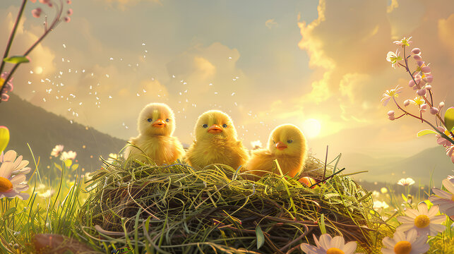 ์Natural render style illustration, lowland valley 3 little yellow chickens, nest made of hay, Easter eggs, few clouds, sunrise, spring flowers
