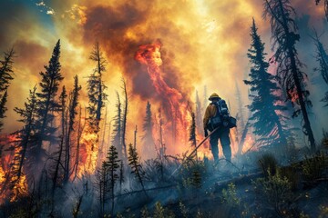 Fototapeta premium Wildland firefighter battling a raging forest fire, surrounded by towering flames and billowing smoke, Generative AI 