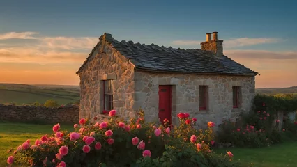 Selbstklebende Fototapeten Old house in the field with pink roses and blue sky with clouds © ASGraphics