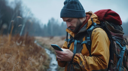 A focused male hiker with a backpack checks his phone while navigating through a barren landscape near a water body during overcast weather. - obrazy, fototapety, plakaty