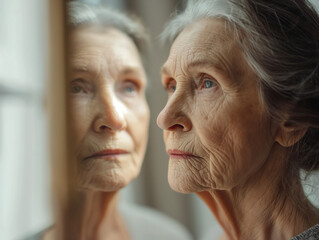 Ältere Frau mit vielen Falten schaut in Spiegel mit Spiegelbild, ai generativ - obrazy, fototapety, plakaty