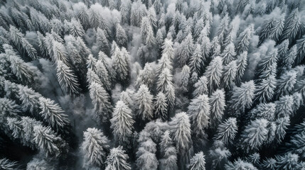 Drone photo of snow covered evergreen trees after a winter blizzard in Lithuania.