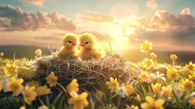 ์Natural render style illustration, lowland valley 2 little yellow chickens, nest made of hay, Easter eggs, few clouds, sunrise, spring flowers