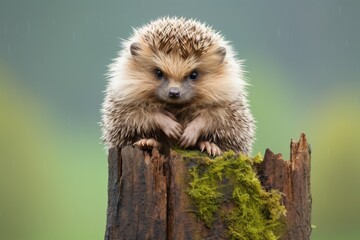 sad hedgehog sitting on a stump