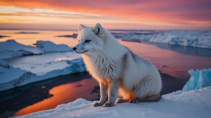 White fluffy fox sitting on a rock and looking at the sunset on the ice 