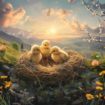 ์Natural render style illustration, lowland valley 3 little yellow chickens, nest made of hay, Easter eggs, few clouds, sunrise, spring flowers