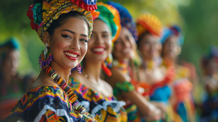 Group of vibrant women dressed in colorful traditional outfits and headscarves, smiling joyfully, representing a cultural celebration. - obrazy, fototapety, plakaty
