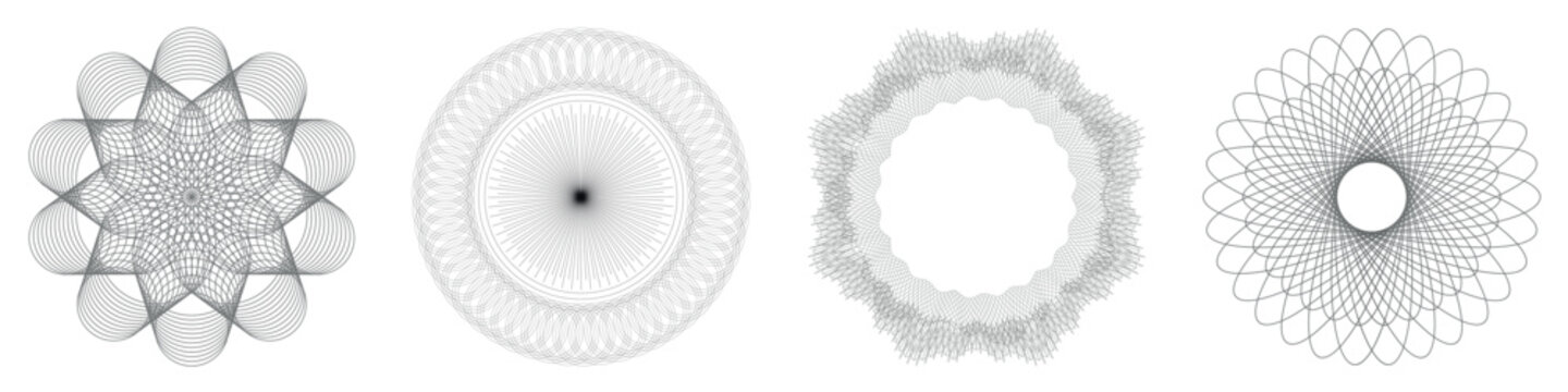 Guilloche pattern watermarks, geometric money watermark elements. Spiral twisted watermark ornaments vector illustration set.