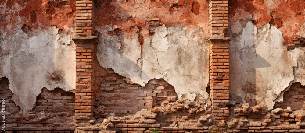 Poster a detailed shot of a weathered brick wall with peeling paint, showcasing the history and character o