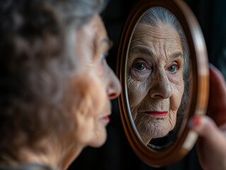 Ältere Frau mit vielen Falten schaut in Spiegel mit Spiegelbild, ai generativ