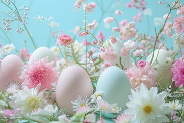 Easter decorations, painted eggs and flowers