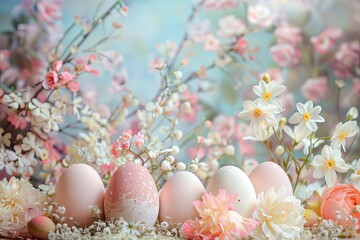 Fototapeta premium Easter decorations, painted eggs and flowers