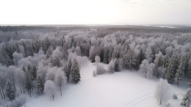 Drone photo of snow covered evergreen trees after a winter blizzard in Lithuania. 