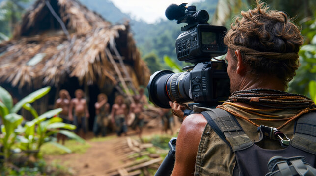 A videographer records a group of people in a rural, natural setting with thatched huts in the background. The focus is on the camera and the professional videographer's profile.