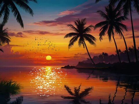 Siluet Pohon Palem atau pohon kelapa di Bawah Mentari Senja on tropical ocean sunset, beautiful sunset