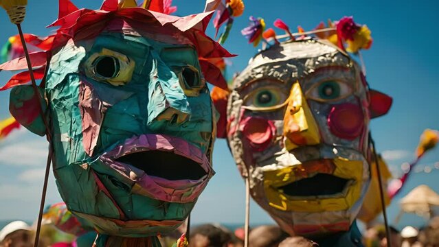 Giant paper mache puppets loom above the crowds exaggerated features and vibrant colors adding to the carnivals sense of whimsy and imagination.