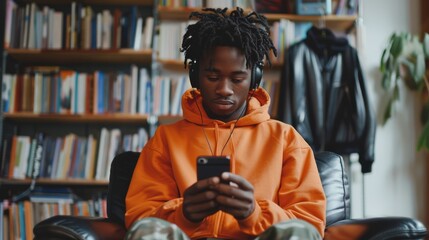 Close-up portrait of an African American teenage boy sitting indoors with headphones on, looking at a cell phone. Cool Zoomer with dreadlocks in a hoodie listens to a music mix or podcast online. - obrazy, fototapety, plakaty