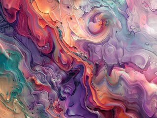 Obraz premium Surreal Marbled Dreamscape, This image showcases a swirling tapestry of marbled colors with a dreamlike quality, blending hues of pink, purple, orange, and blue in a mesmerizing abstract pattern
