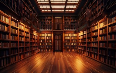 Sanctuary of Knowledge, Warm light bathes an elegant, wood-paneled library filled with countless books, evoking a sense of calm and the profound depth of human knowledge contained within its walls - obrazy, fototapety, plakaty