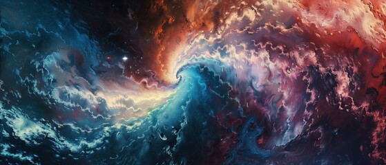 Celestial Brushstrokes, An abstract cosmic panorama depicting a swirling nebula with a vivid fusion of reds, blues, and whites, evoking the infinite beauty of the universe - obrazy, fototapety, plakaty
