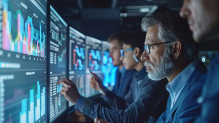 Professionals in a control room monitoring data on multiple computer screens, analyzing live graphs and statistics. They are focused on the task at hand, working in a high-tech environment.