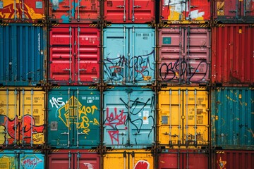 A wall of stacked, multicolored shipping containers adorned with various graffiti tags and artwork.
