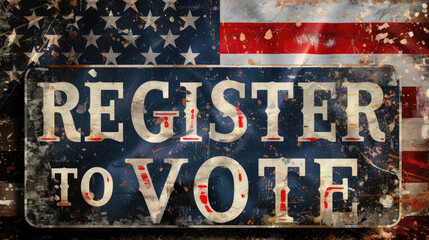 An aged distressed American flag background with bold REGISTER TO VOTE text promoting civic engagement and democratic participation
