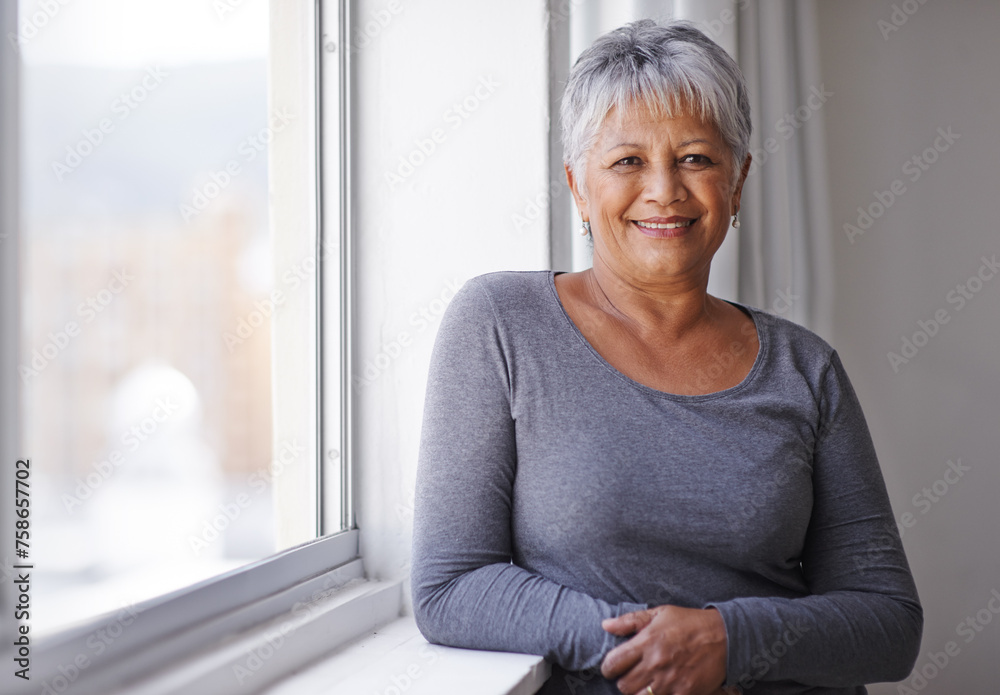 Sticker Portrait, smile and window with senior woman, happiness and sunshine with weekend break and casual outfit. Face, pensioner and elderly lady with summer and retirement with old age, home and joyful