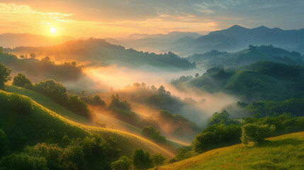 Sunrise over a misty, rolling landscape with lush greenery, highlighted by the golden morning light, creating a serene and tranquil scene.