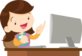 cute child sitting use computer to study