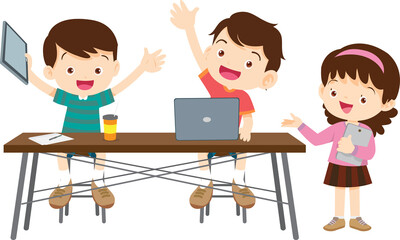 E-Learning concept Students kids Reading and online learning technology with computer laptop smartphone