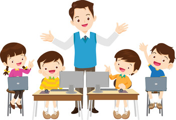 happy teacher and student learning computer