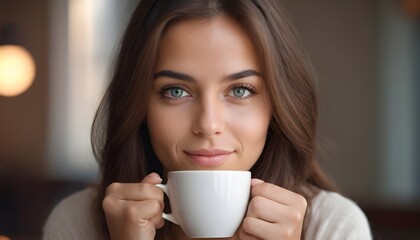 The beauty of simplicity as a good looking person enjoys a cup of coffee in the morning sunlight their cute face illuminated by the soft glow accentuated by their stunning beautiful colored Eyes
