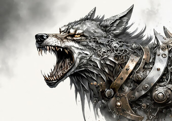 金属の鎧を装着した抽象的なオオカミ