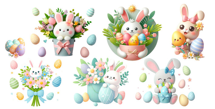 Easter set, cute fluffy bunnies with flower baskets and colorful eggs isolated on PNG background. Generative AI.