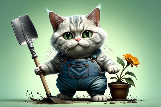 cat with a shovel isolated on a light green background