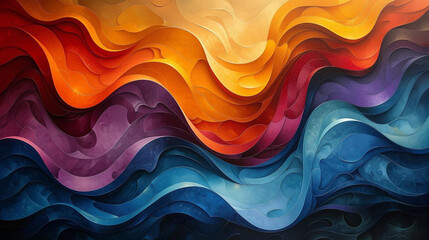 Obraz premium The image is an abstract design consisting of wavy layers that transition through a spectrum of colors, starting with red and orange at the top, moving through yellows and greens in the middle