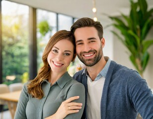 cheerful couple portrait with modern house interior background