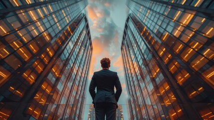 CEO Examining Towering Skyscraper Landscape