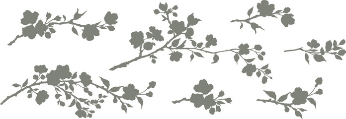 Spring set of flowering branches. Hand drawn sakura branch with flowers in silhouette style. Vector botanical isolated illustration in black color. - obrazy, fototapety, plakaty