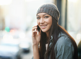 Phone call, happy and portrait of woman in city for urban culture with mobile, modern vacation and travel. Female person, smartphone and conversation for connection, side walk and New York for tour