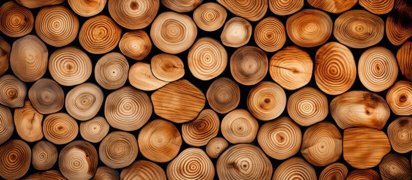 A stack of logs made from wood, a natural material from plants. Can be used as an ingredient in cuisine to add flavor to dishes. The trunk pattern is visible in a closeup view