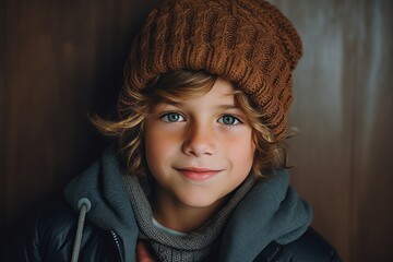 Portrait of a boy in a knitted hat and scarf.