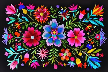Mexican traditional embroidery pattern on a black background