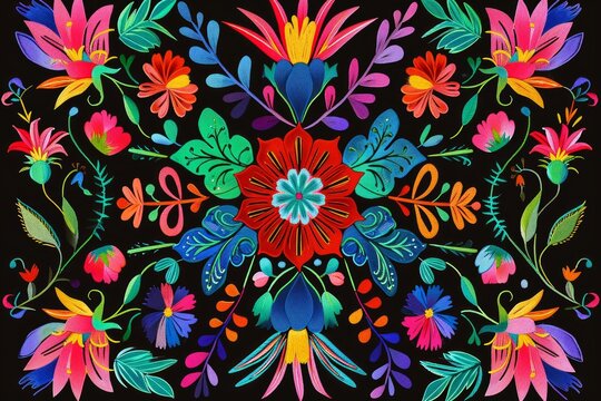 Mexican traditional embroidery pattern on a black background