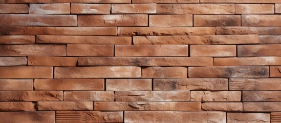 Close up of a brown brick wall with a multitude of rectangular bricks arranged in a pattern. The building material is a composite of brick and stone - obrazy, fototapety, plakaty