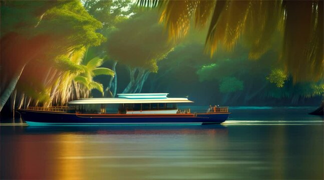 A boat is traveling down a river with palm trees in the background. The boat is blue and has a white top