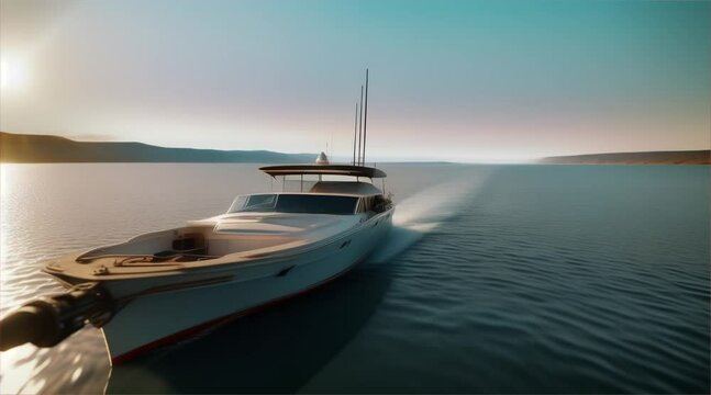 luxury motor boat in the sea in the evening sunlight, luxury summer adventure, active vacation in sea.