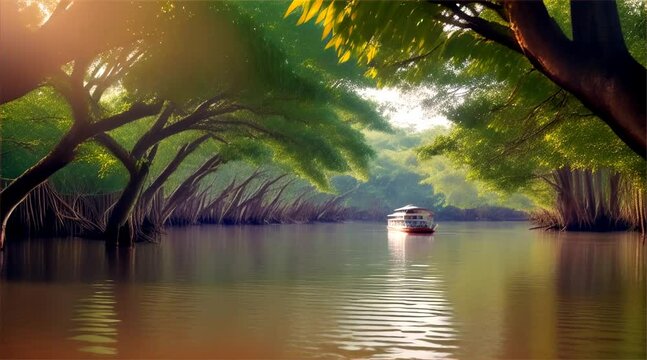 A boat is floating on a calm river surrounded by trees. The scene is peaceful and serene, with the boat being the only object in the water